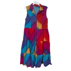 Phool Blue & Pink Colorful Tie Dye Sleeveless Boho Button Front Maxi Sundress L